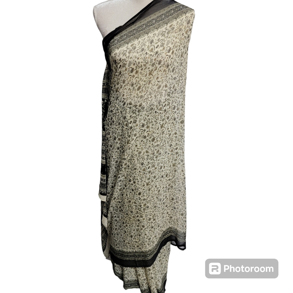Beige, brown, gray/grey, green black flower print saree/sari for party wear